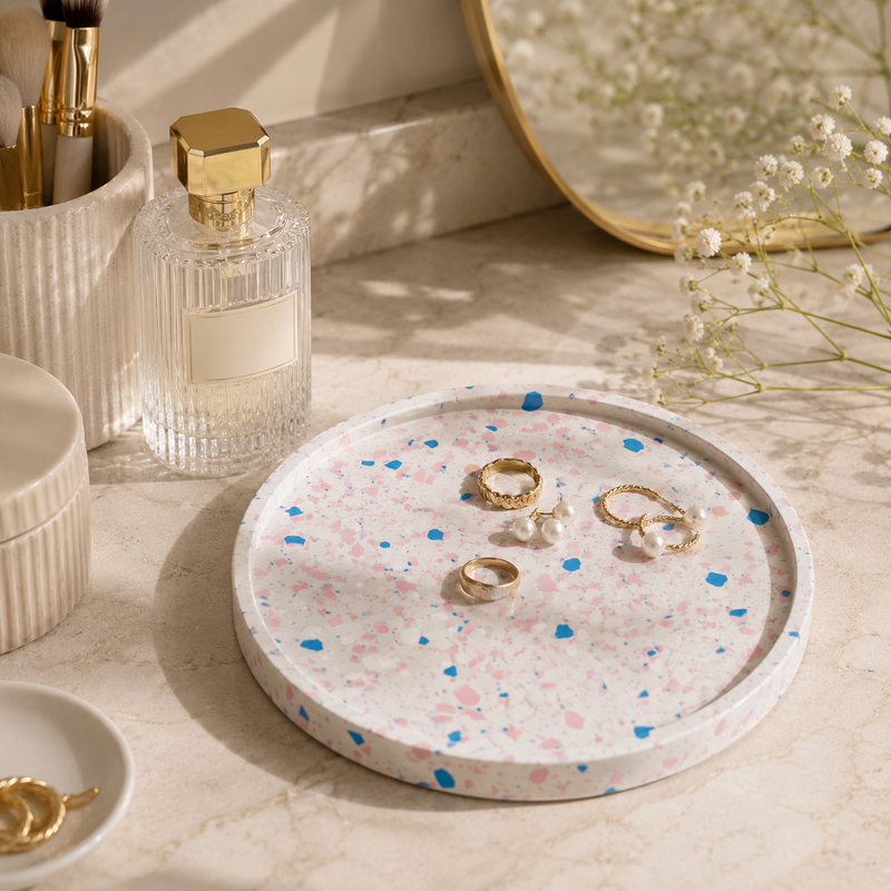 pink & blue particles Terrazo Round tray