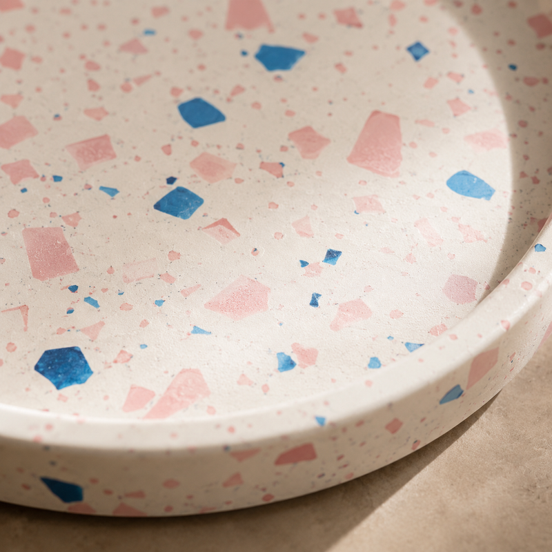 pink & blue particles Terrazo Round tray